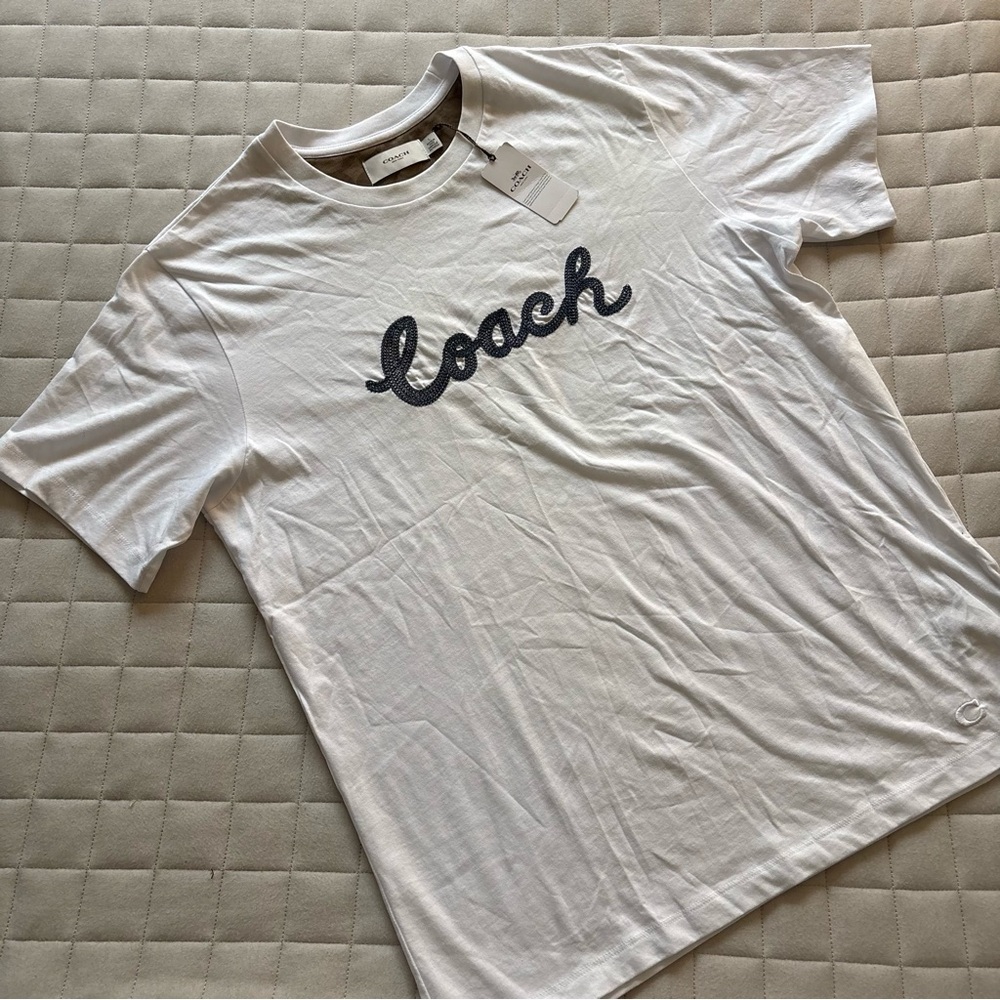 Coach White Tee with Blue Embroidered Script Logo